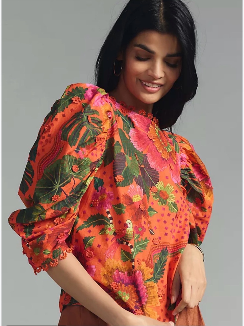 FARM Rio Orange Floral Embroidered Puff-Sleeve Blouse